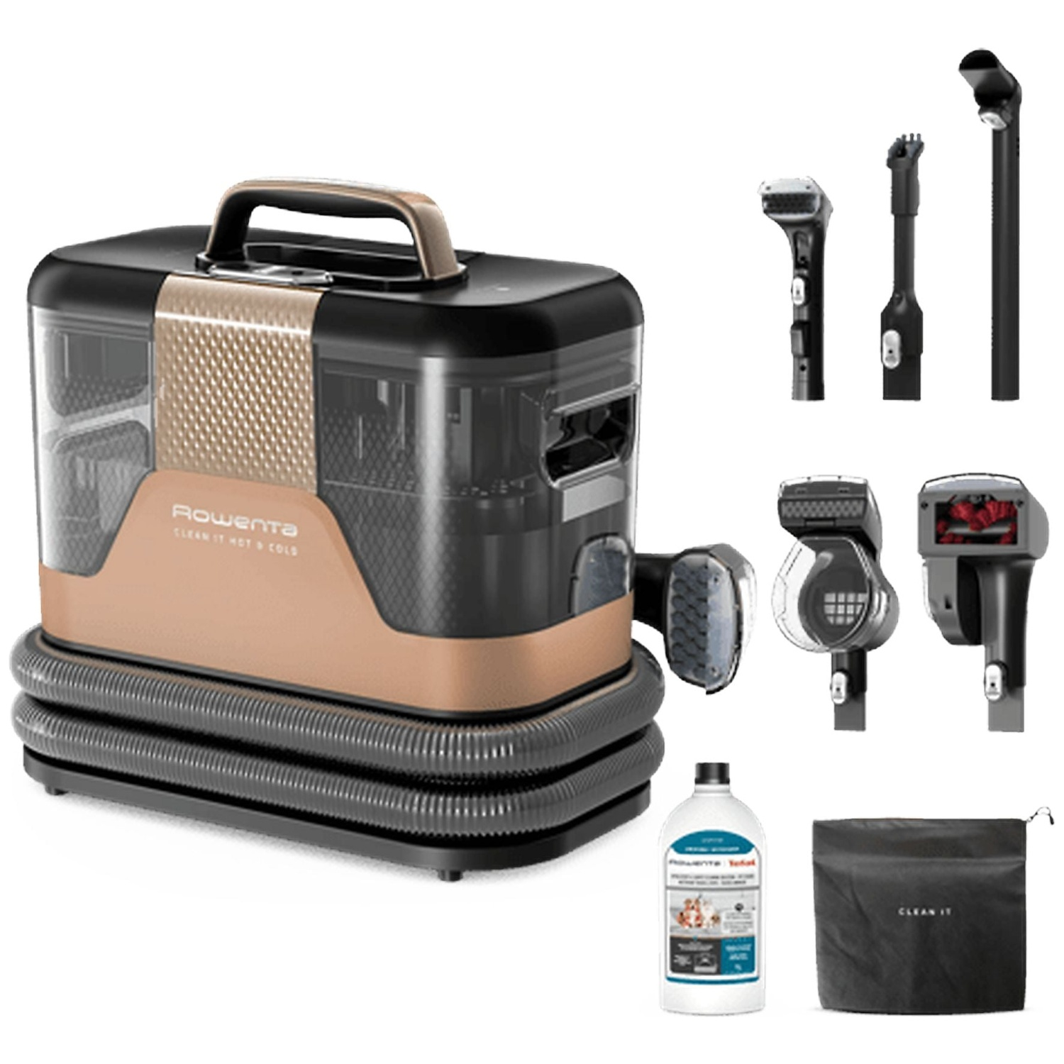 Rowenta steam cleaner with attachments, cleaning fluid, and storage bag.