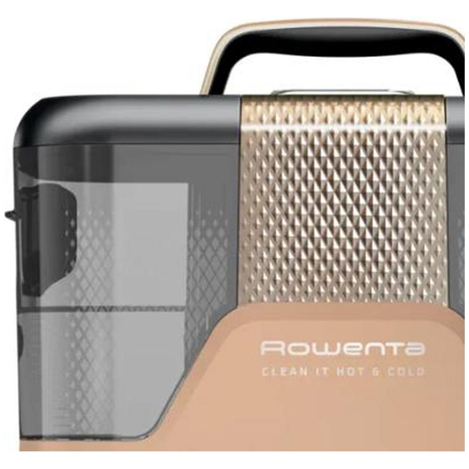 Close-up of a gold Rowenta vacuum cleaner with a black handle and transparent dustbin.