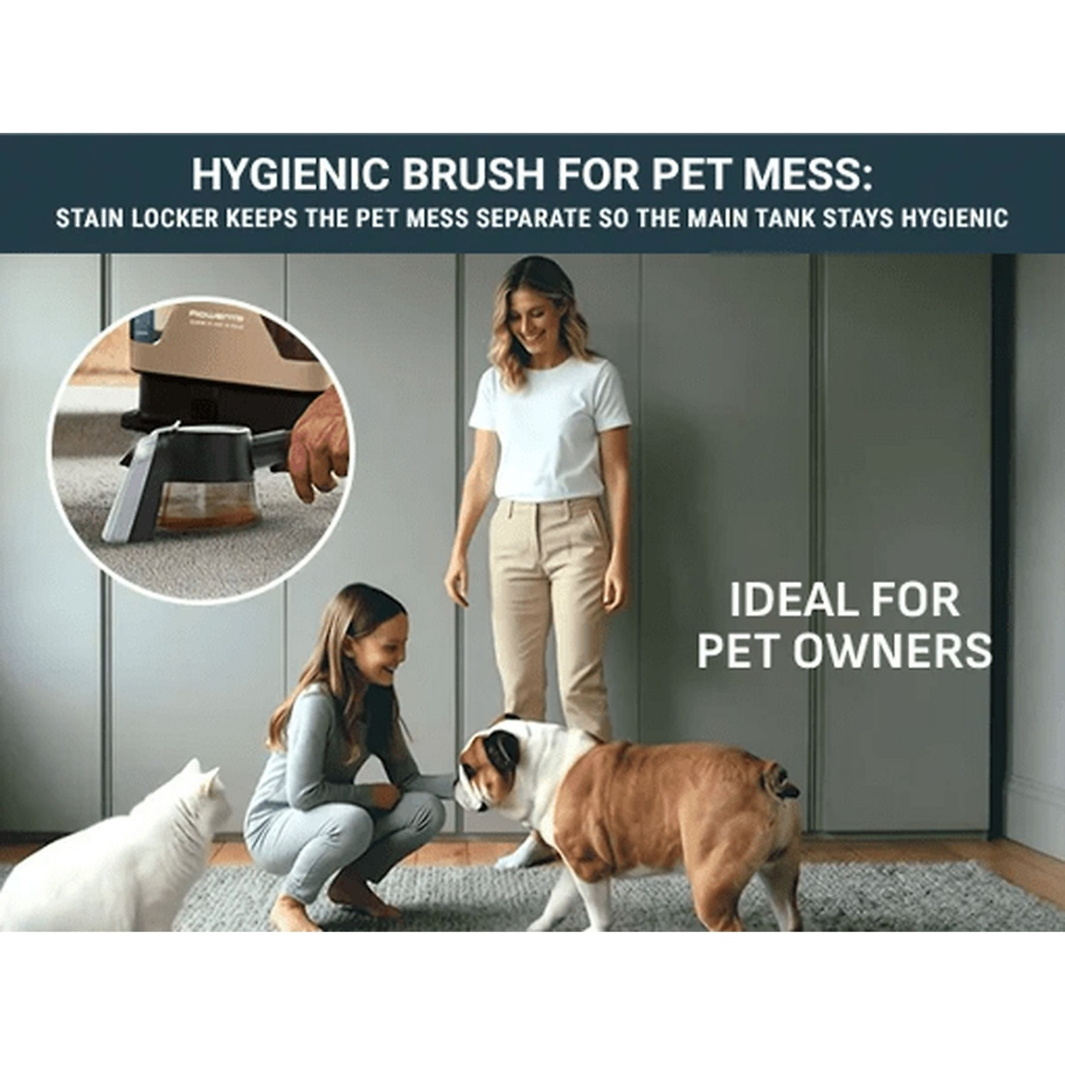 A woman and a girl kneel with a white cat and a bulldog.