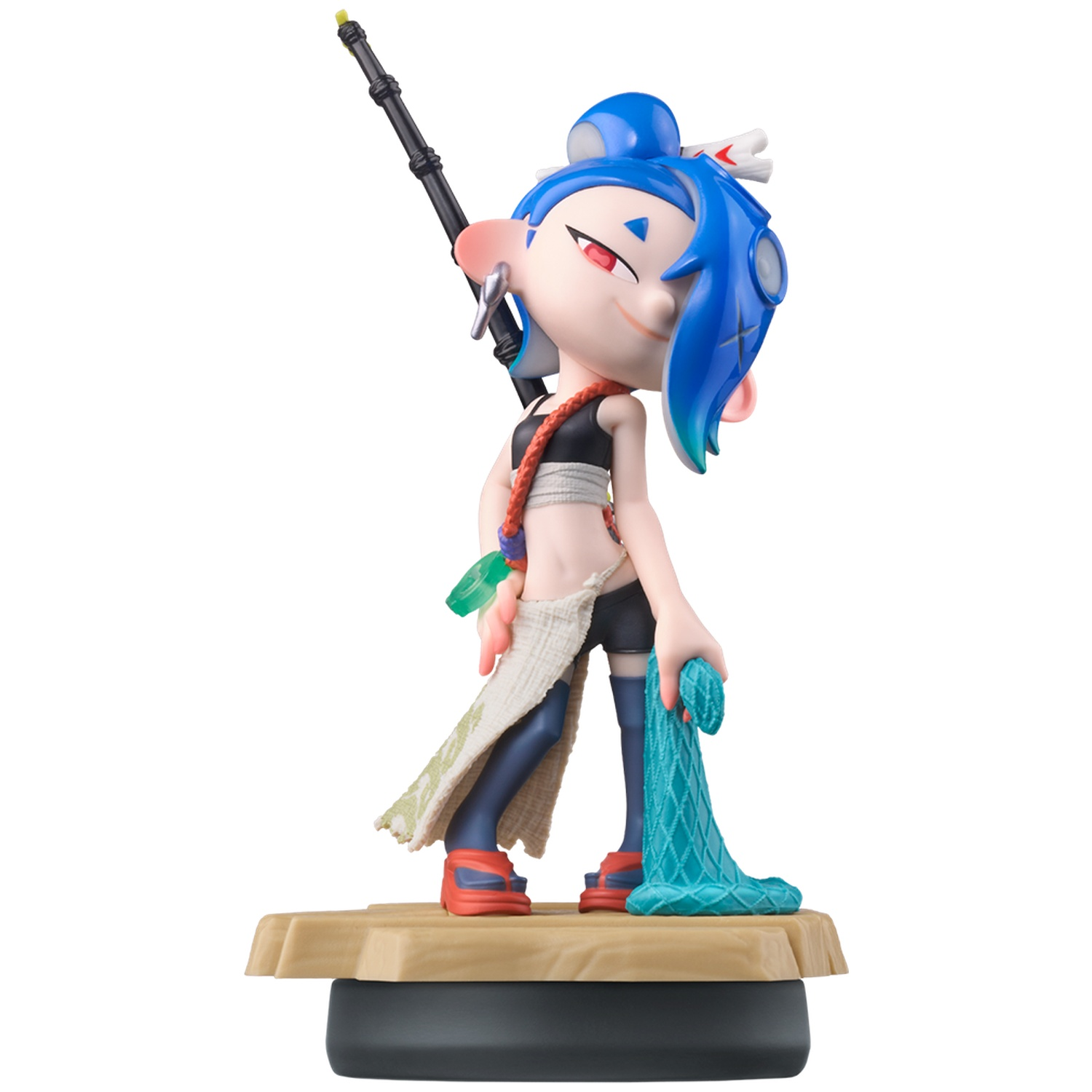 A stylized figure with blue hair, holding a staff and net, stands on a base.