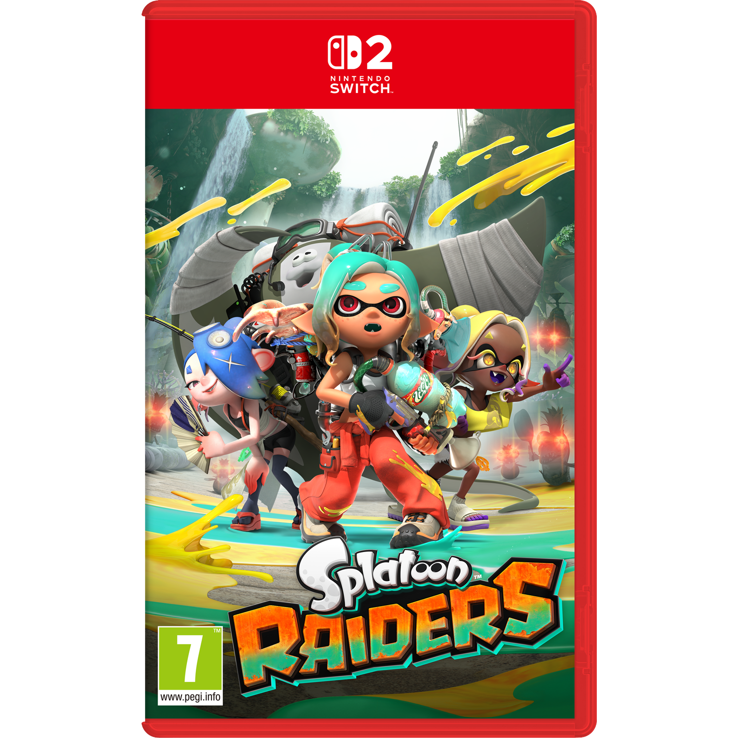 Splatoon 3 Nintendo Switch spelhoes met drie kleurrijke inkling-personages in actie.
