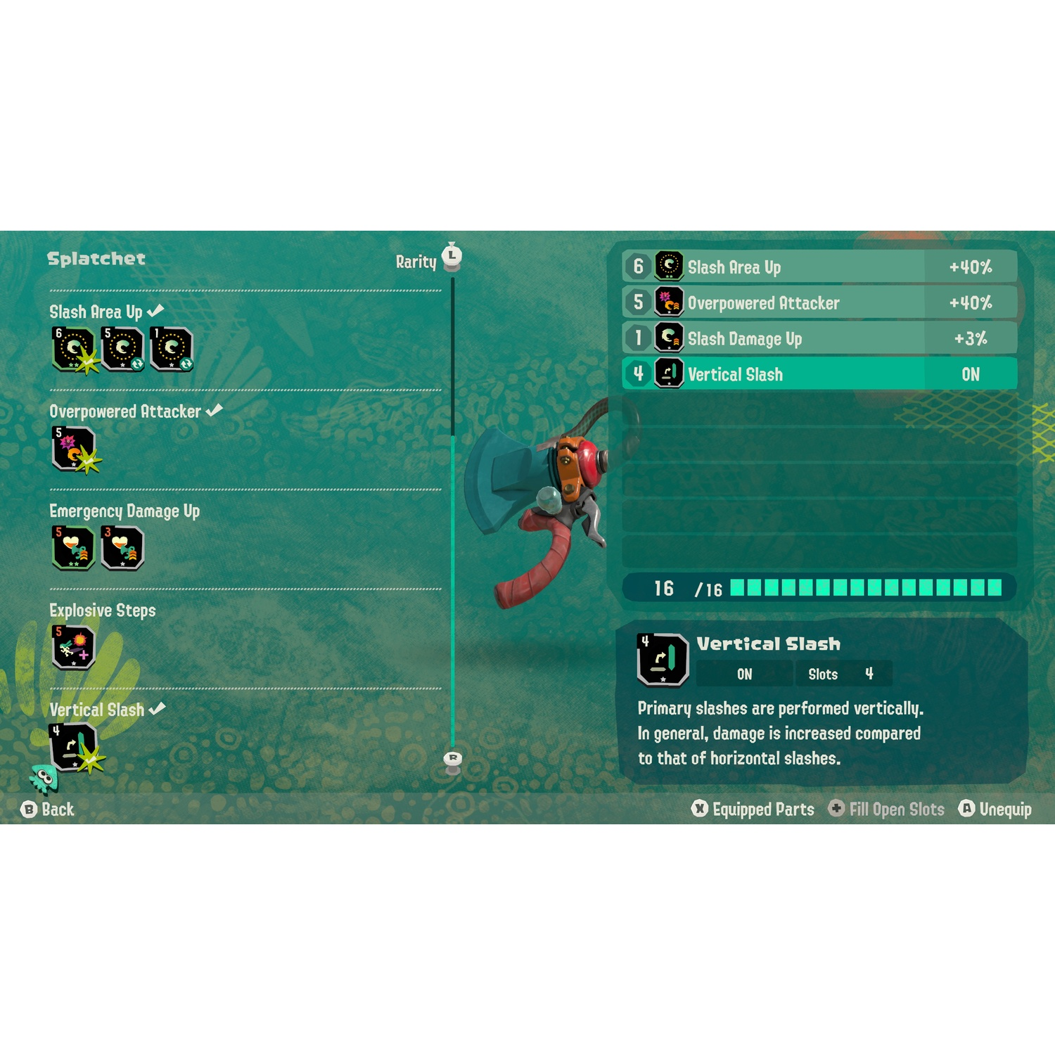 Spelscherm toont wapenstatistieken: Verticale Slash is AAN, met 4 slots.