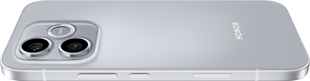 Arkada üç kamerası ve HONOR logosu bulunan gümüş renkli bir akıllı telefon.
