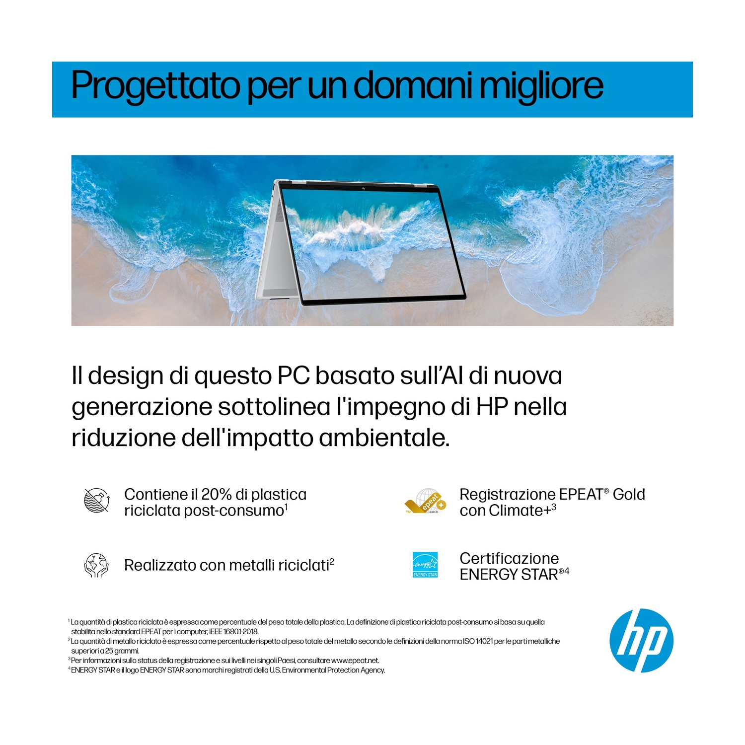 Un laptop con una scena di spiaggia, che promuove caratteristiche di sostenibilità.