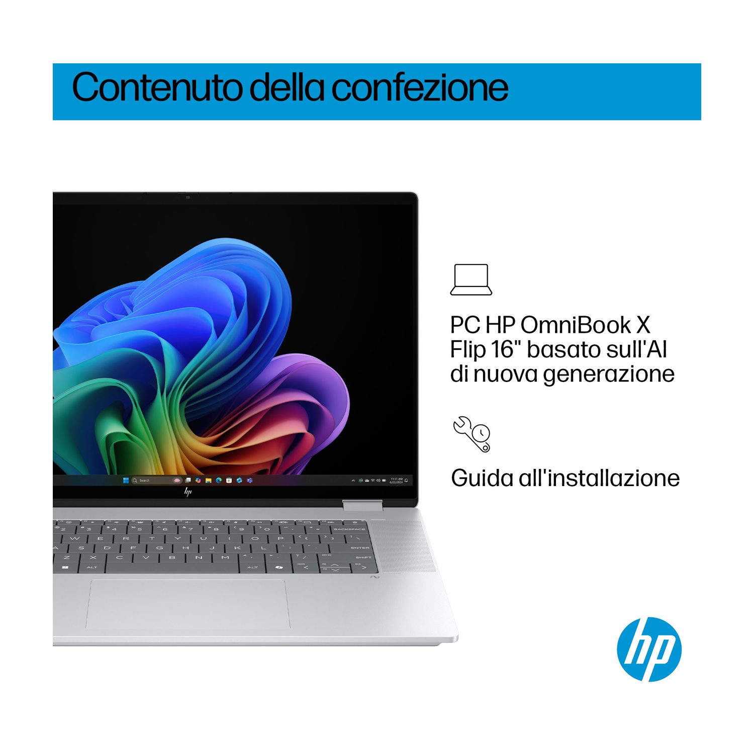 Laptop HP OmniBook X Flip 16" con IA e guida all'installazione.