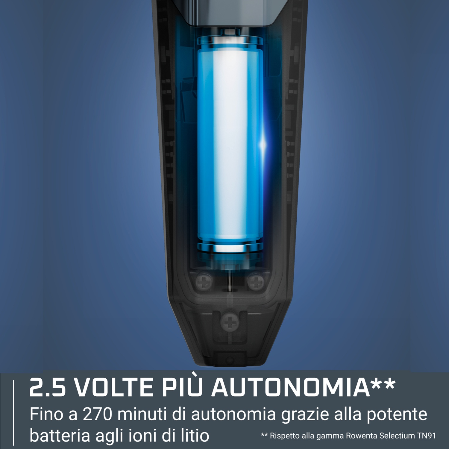 Primo piano di una batteria agli ioni di litio all'interno di un rifinitore, su sfondo blu.