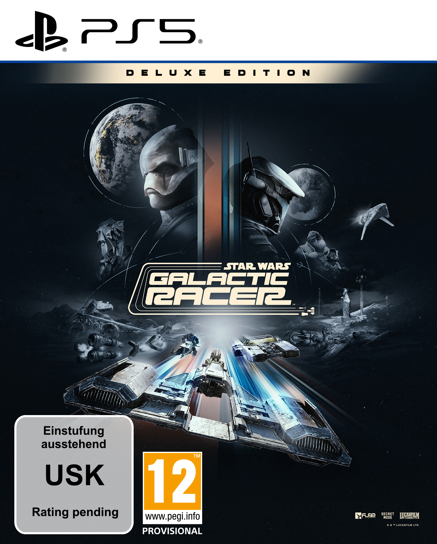 Star Wars: Galactic Racer Deluxe Edition Cover mit PS5 Logo, Raumschiffen und Charakteren.