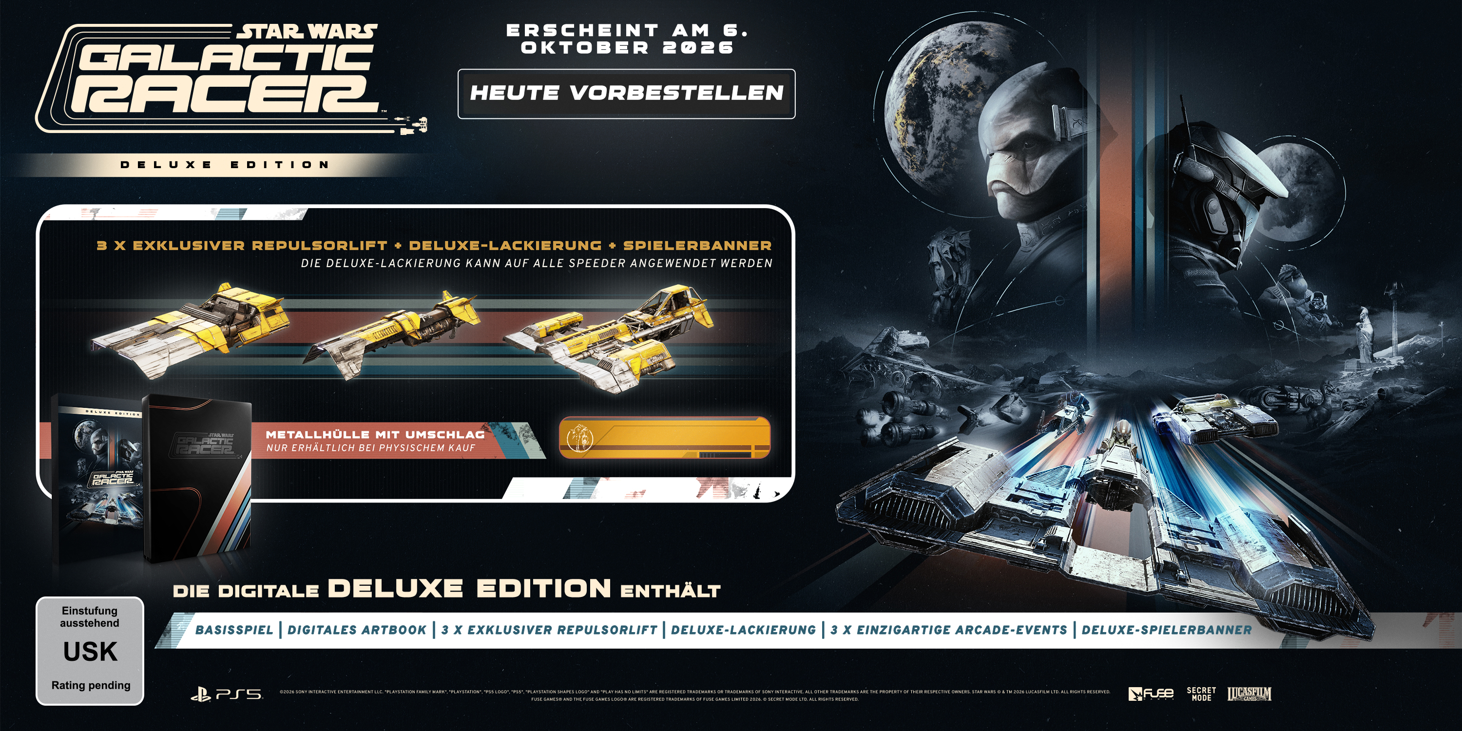 Star Wars Galactic Racer Deluxe Edition mit Speeder-Modellen, Steelbook und Charakterbildern.