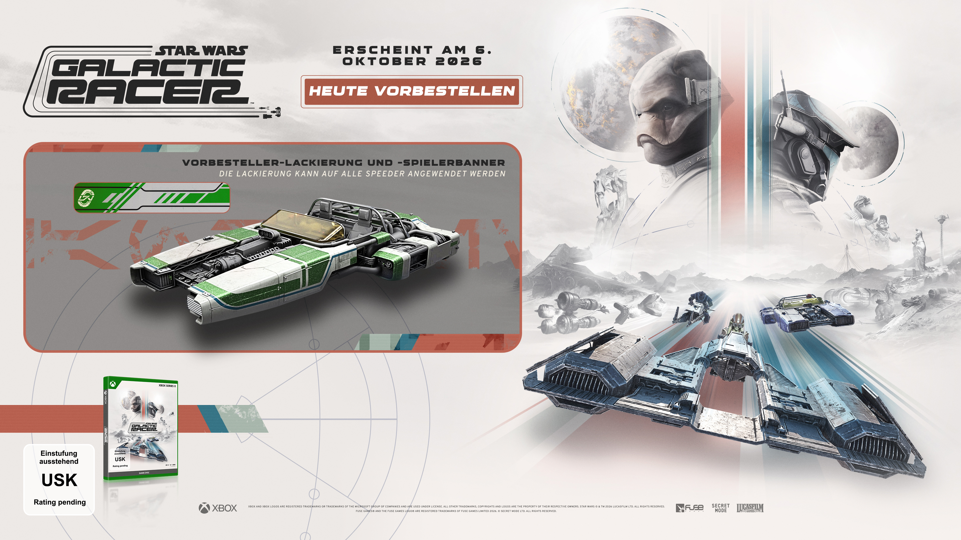Star Wars: Galactic Racer Spielgrafik mit Podracern, Charakteren und Box-Art.