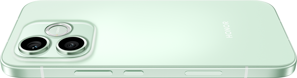 Arkada üç kamerası ve HONOR logosu bulunan açık yeşil bir akıllı telefon.