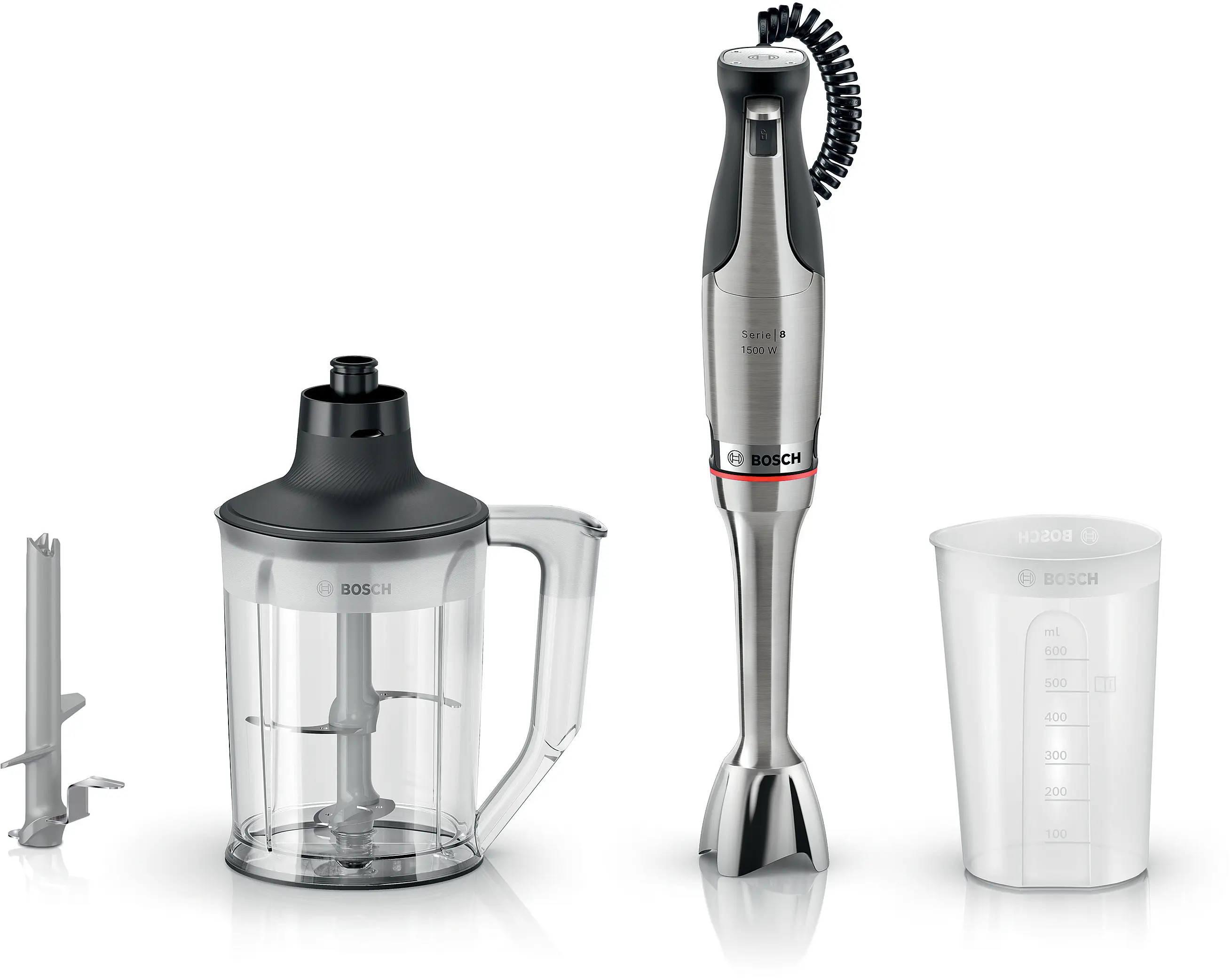 Bosch botmixer tartozékokkal: aprító, habverő és mérőpohár.