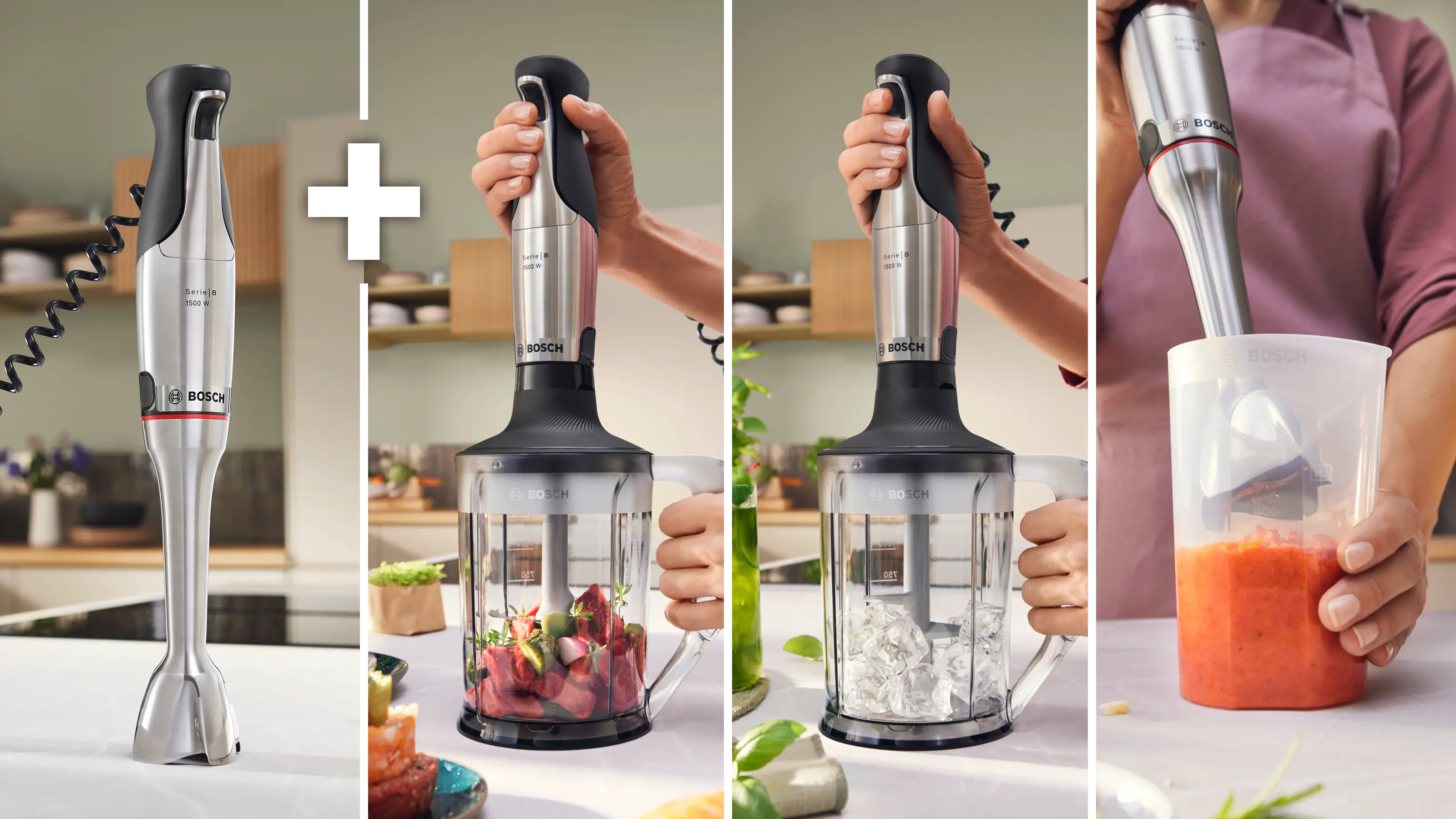 Ezüst merülő mixer fekete markolattal és kábellel. Mellette hozzávalókat turmixolnak.
