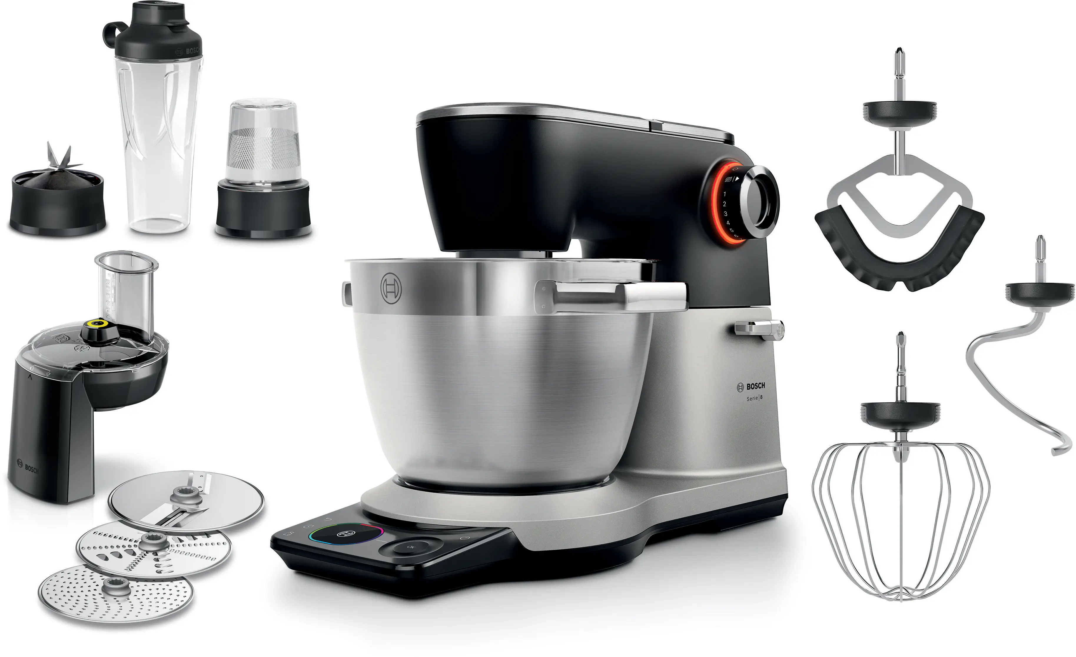Bosch konyhai robotgép tartozékokkal: tál, turmixgép, aprító, tárcsák, habverő, dagasztó.