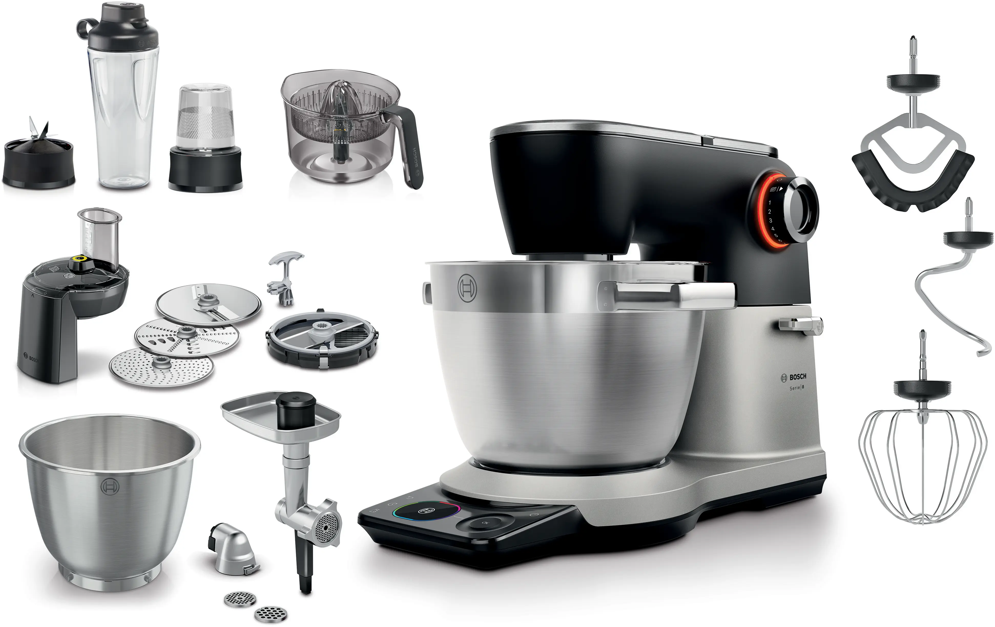 Konyhai robotgép tartozékokkal: turmixgép, gyümölcscentrifuga, húsdaráló, keverőtálak és habverők.