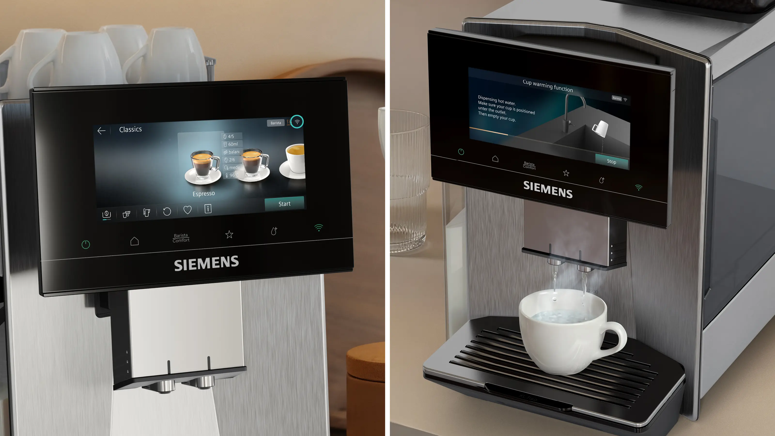 Siemens kávéfőző érintőképernyővel, amelyen eszpresszó opciók és pohár melegítő funkció látható.
