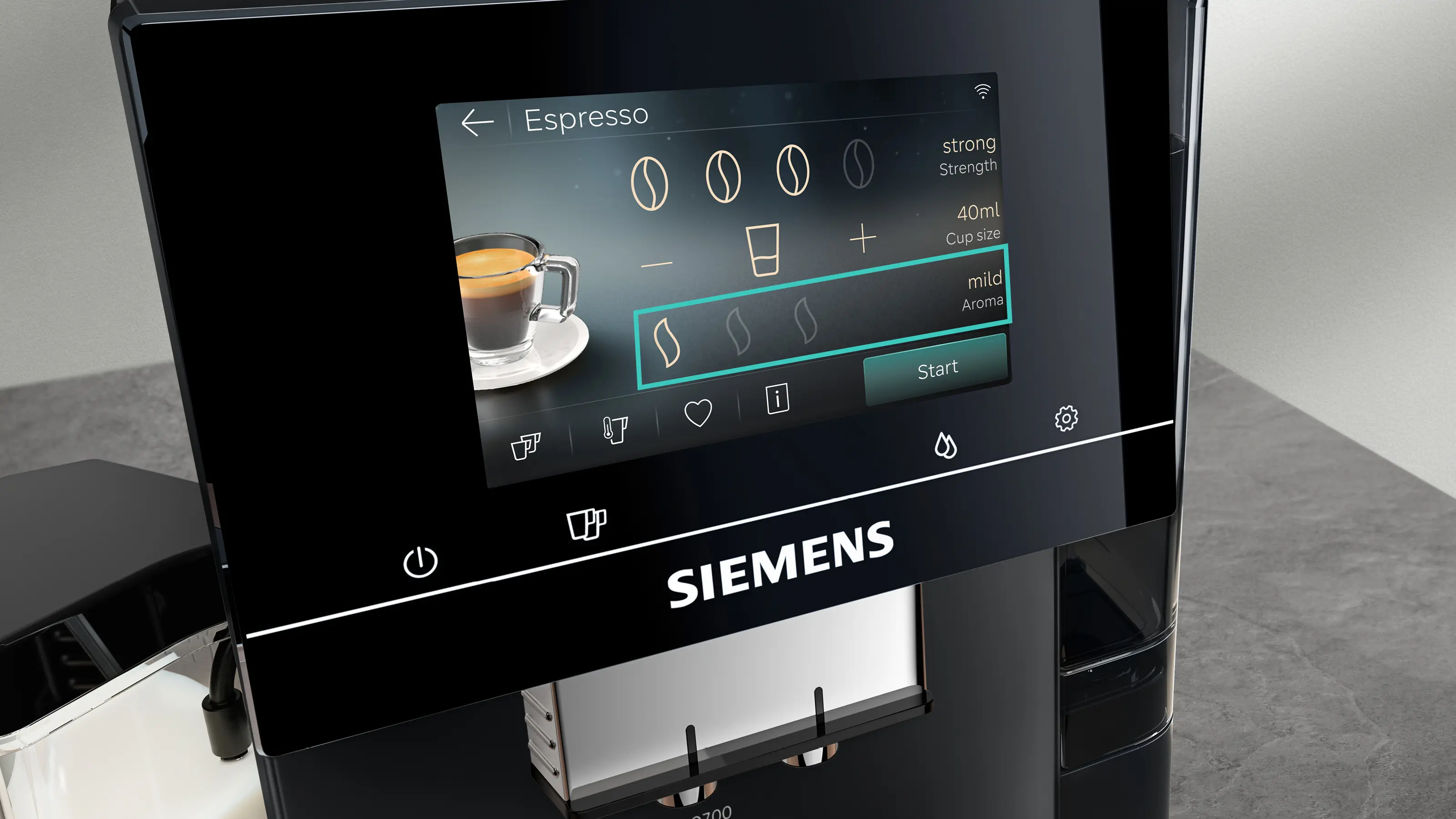Siemens kávéfőző képernyőjén eszpresszó opciók láthatók csészével és kávébabokkal.