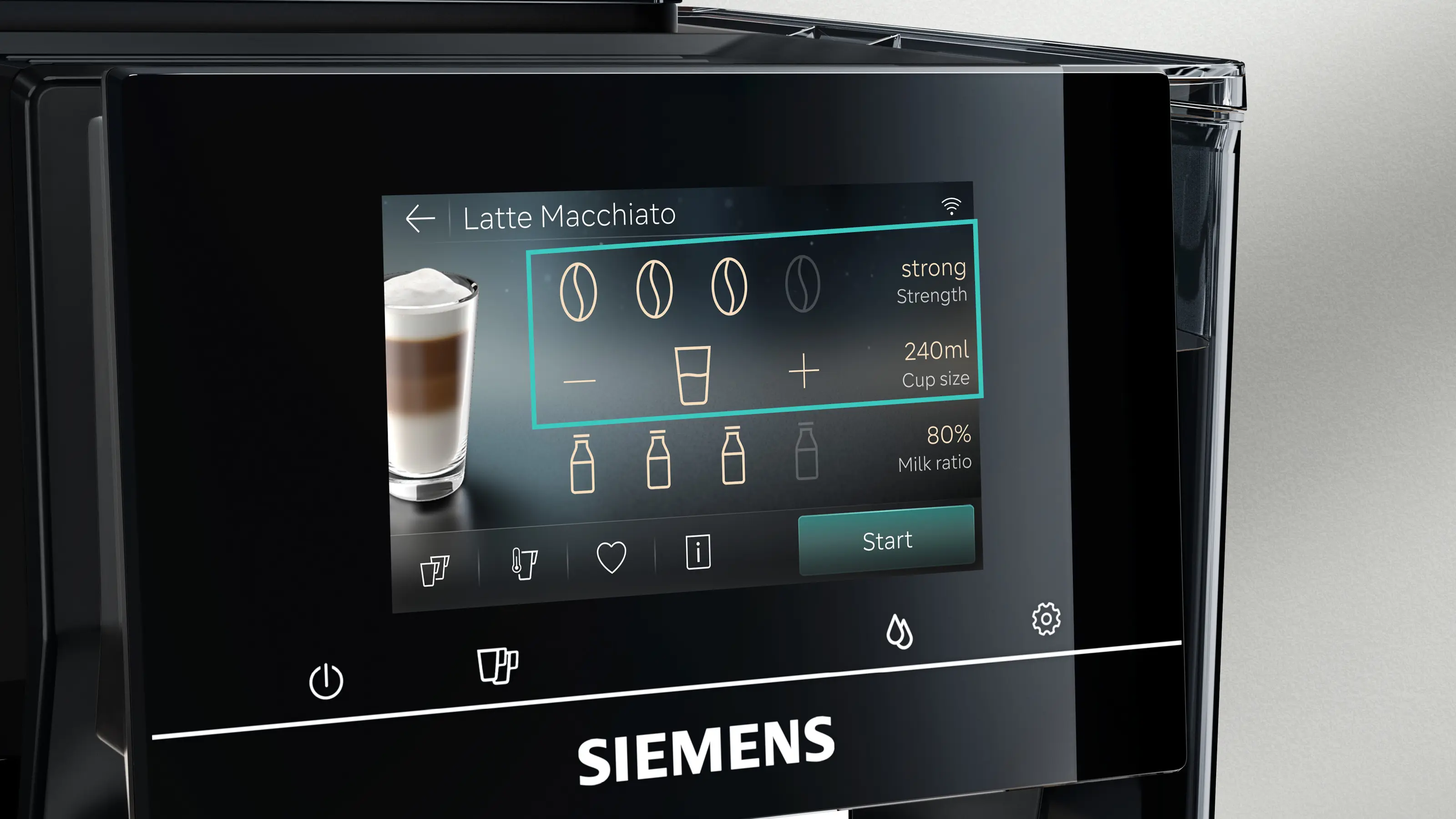 Siemens kávéfőző érintőképernyőn Latte Macchiato beállítások: erősség, méret, tej.