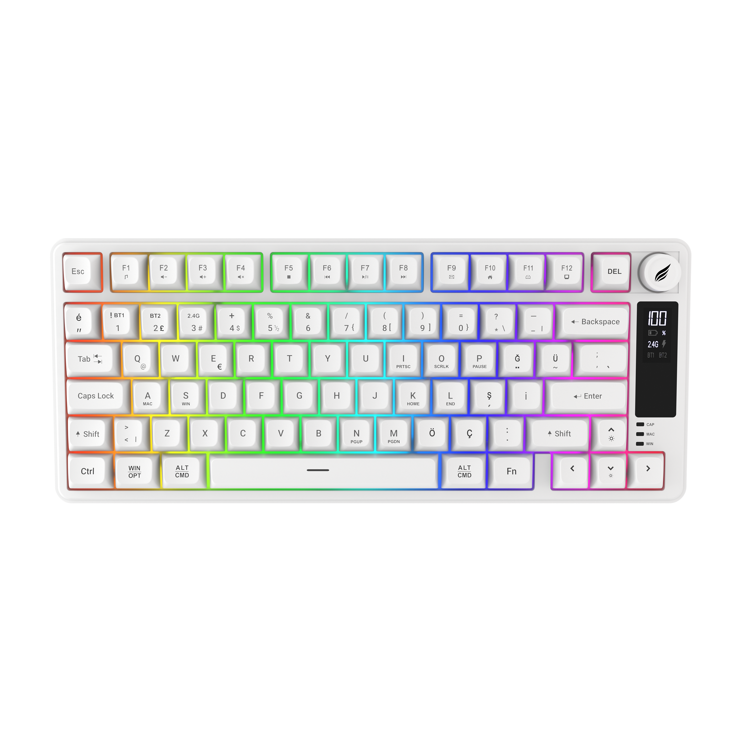 Sağ üstte küçük ekranı ve RGB aydınlatması olan beyaz bir klavye.