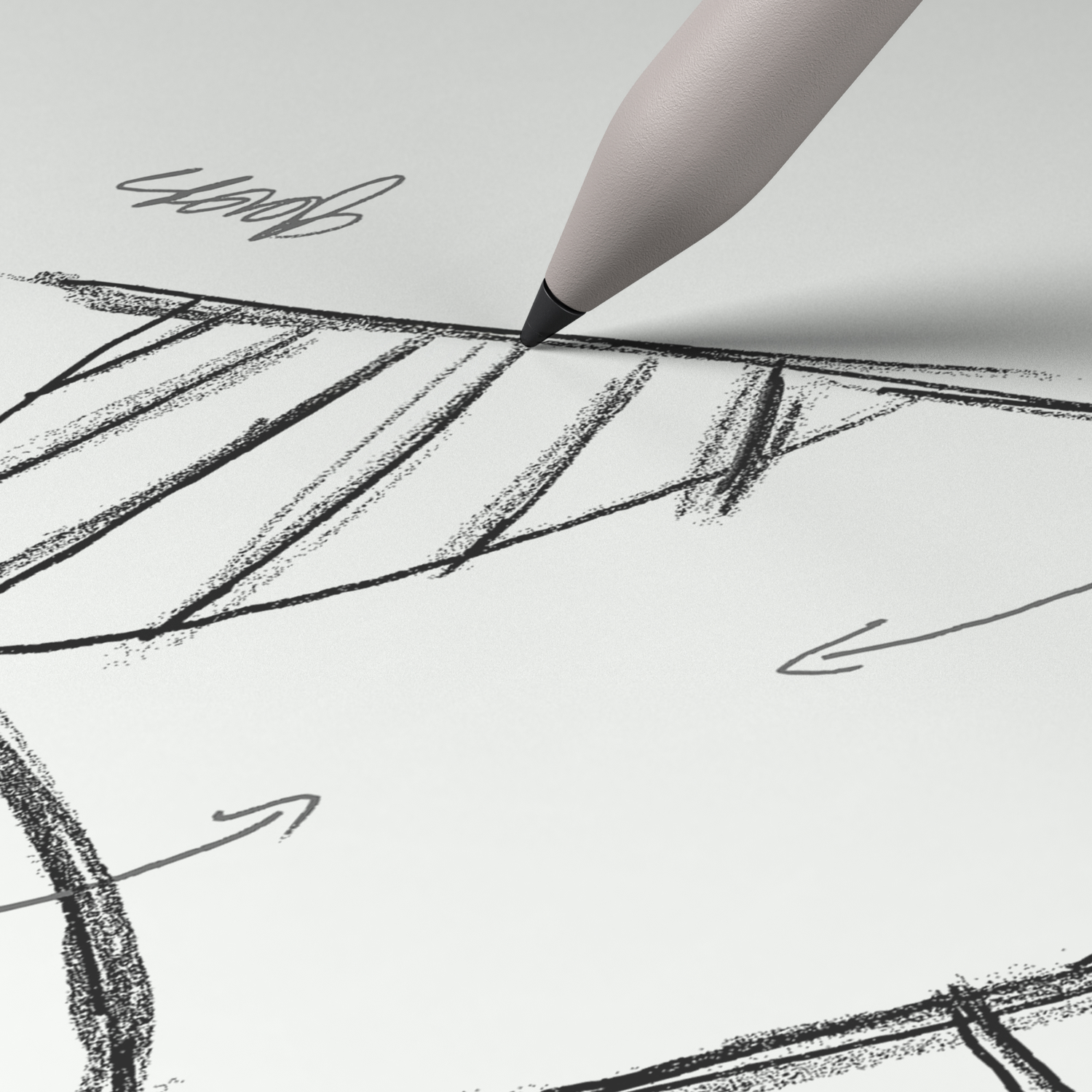 A pen draws with dark ink on white paper. Sketches and arrows are visible.