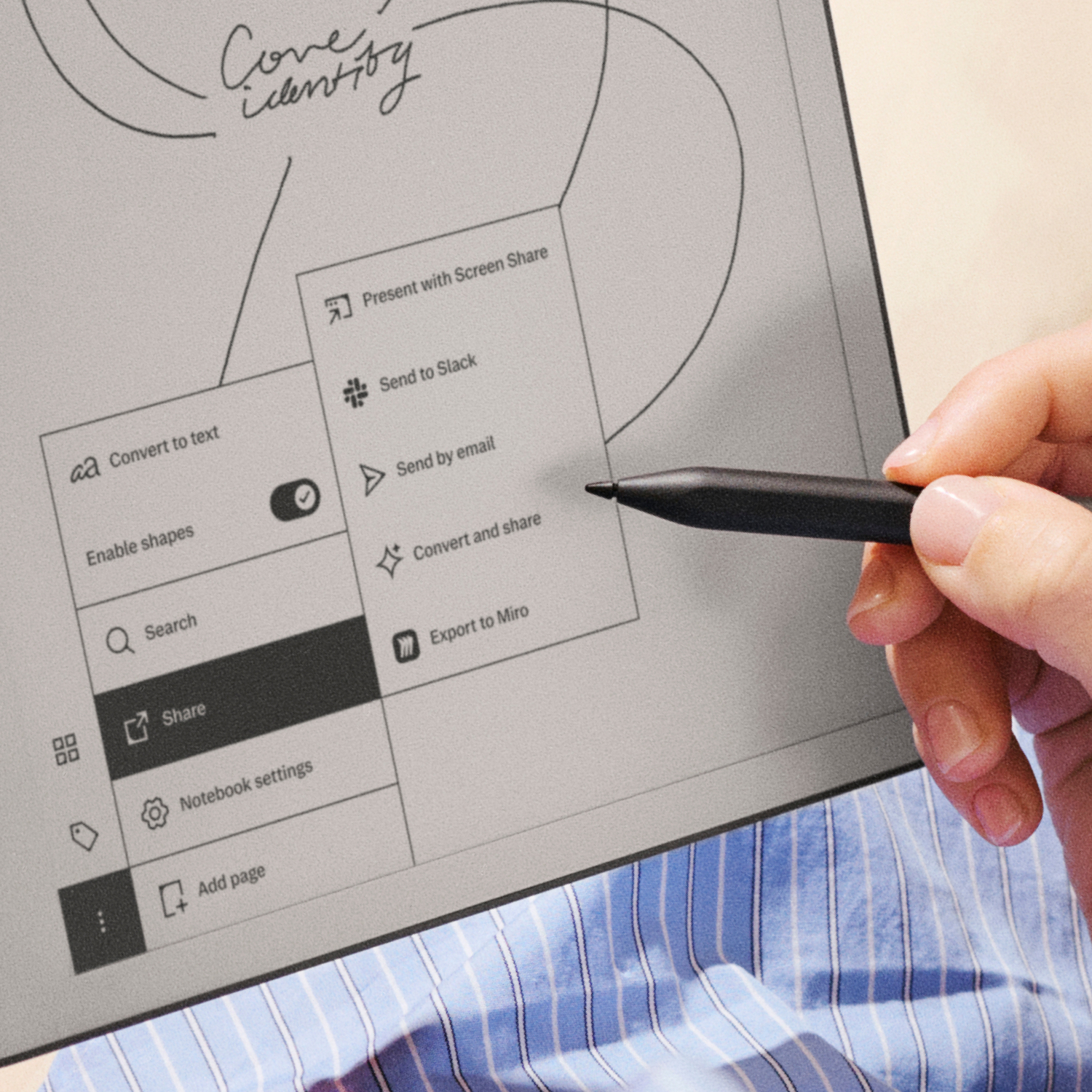 A stylus points to an e-reader menu showing options like Share, Search, and Notebook settings.