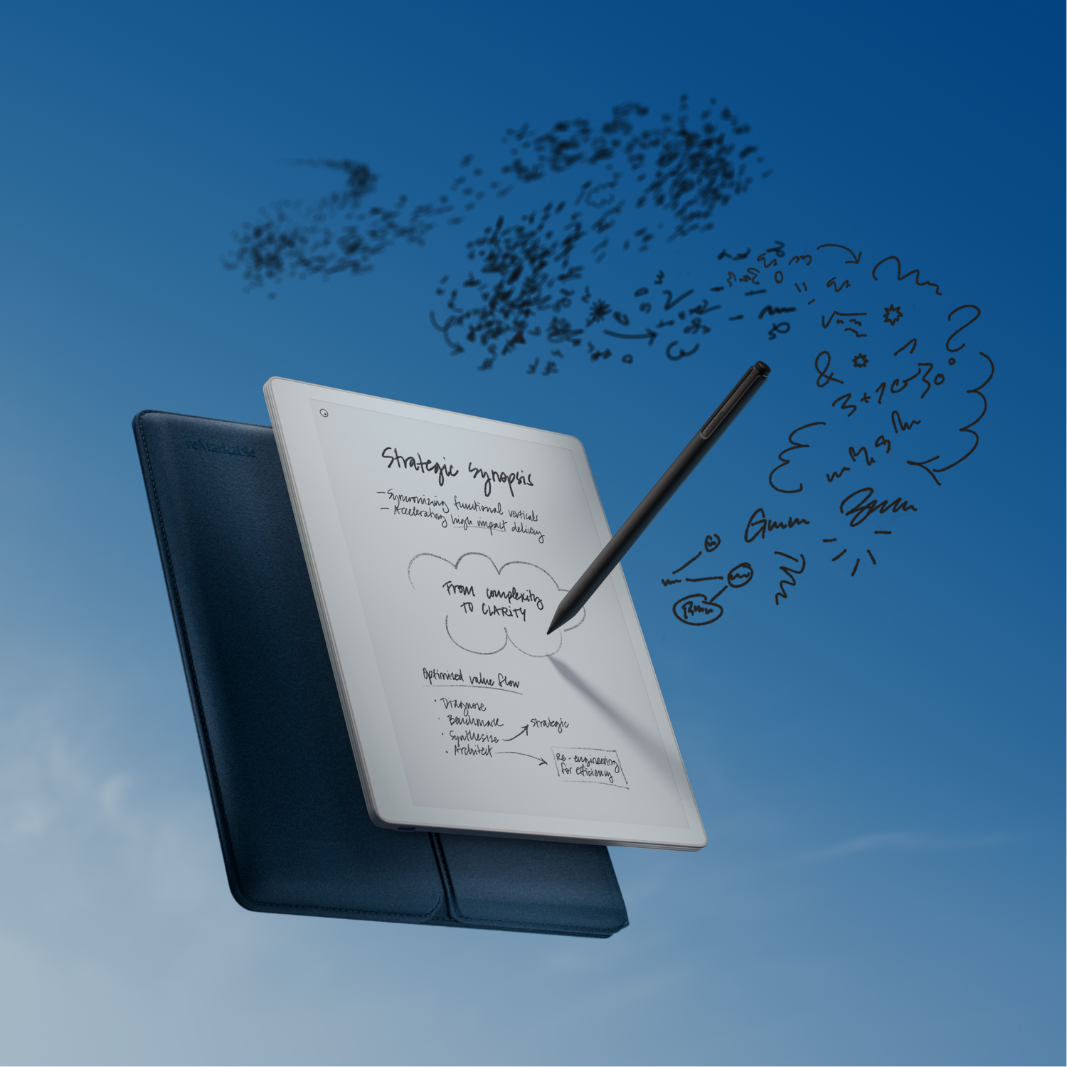 A white tablet with a stylus displays notes on a blue sky background with drawings.