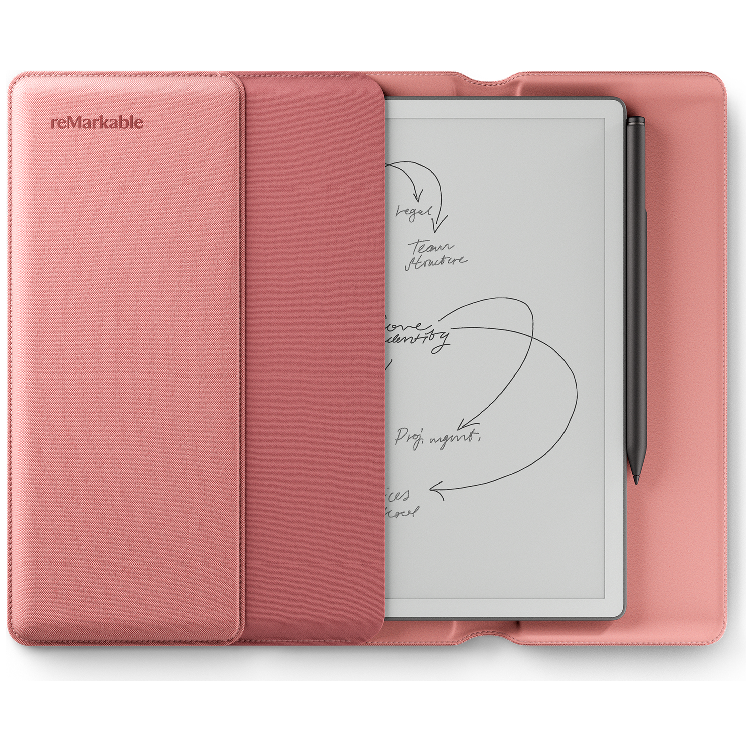 A pink cover holding a digital notebook and stylus. The screen shows handwritten notes.