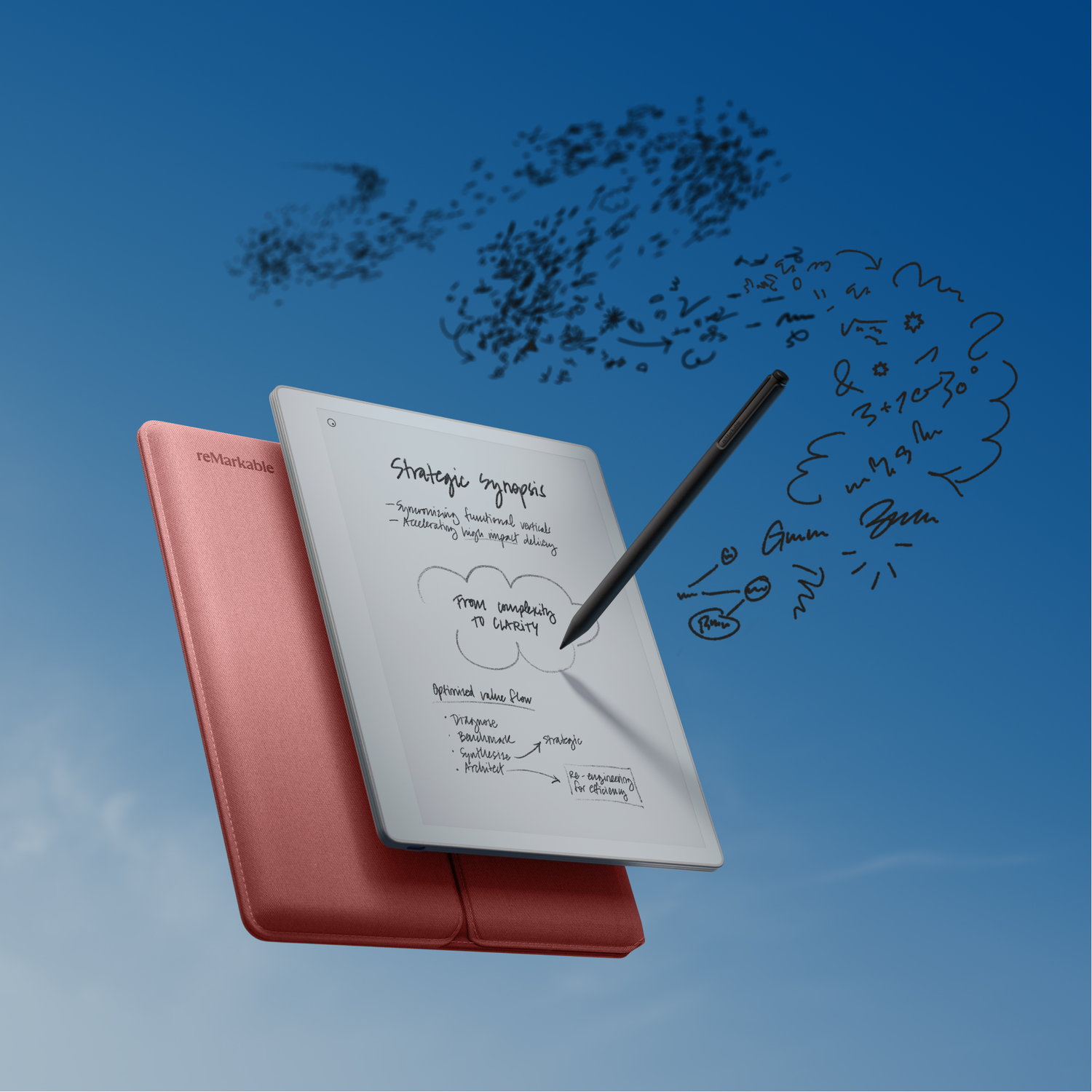 A white tablet with a pink cover displays strategic notes and diagrams against a blue sky.