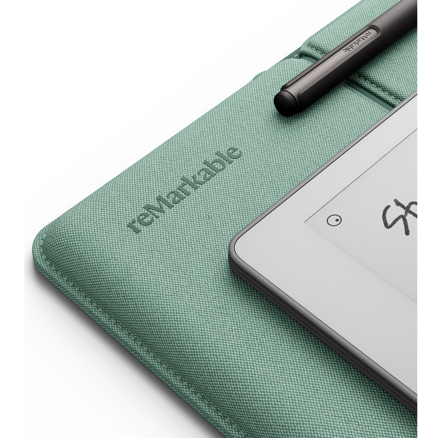 Green case with stylus and tablet, featuring "reMarkable" logo.