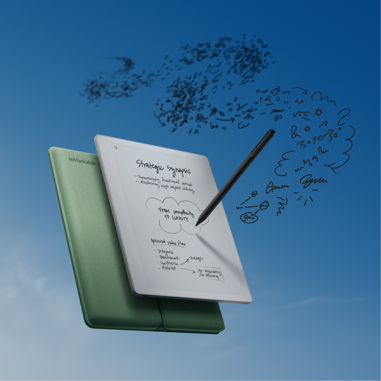 A tablet with a stylus rests on a green cover. Handwritten notes are visible.