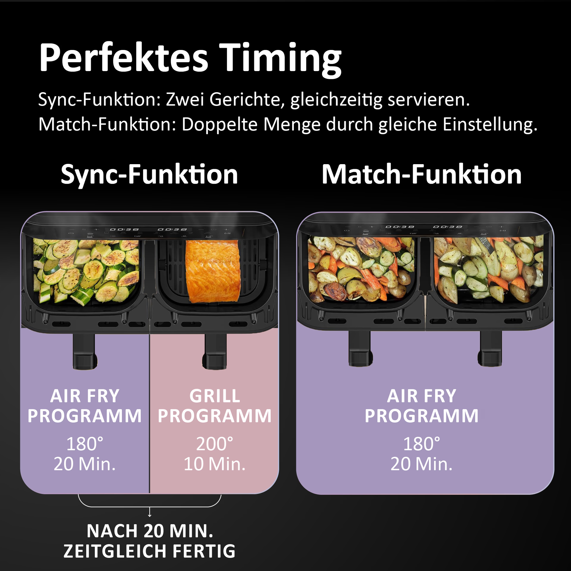 Doppel-Heißluftfritteuse mit Zucchini und Lachs links, Gemüse rechts.