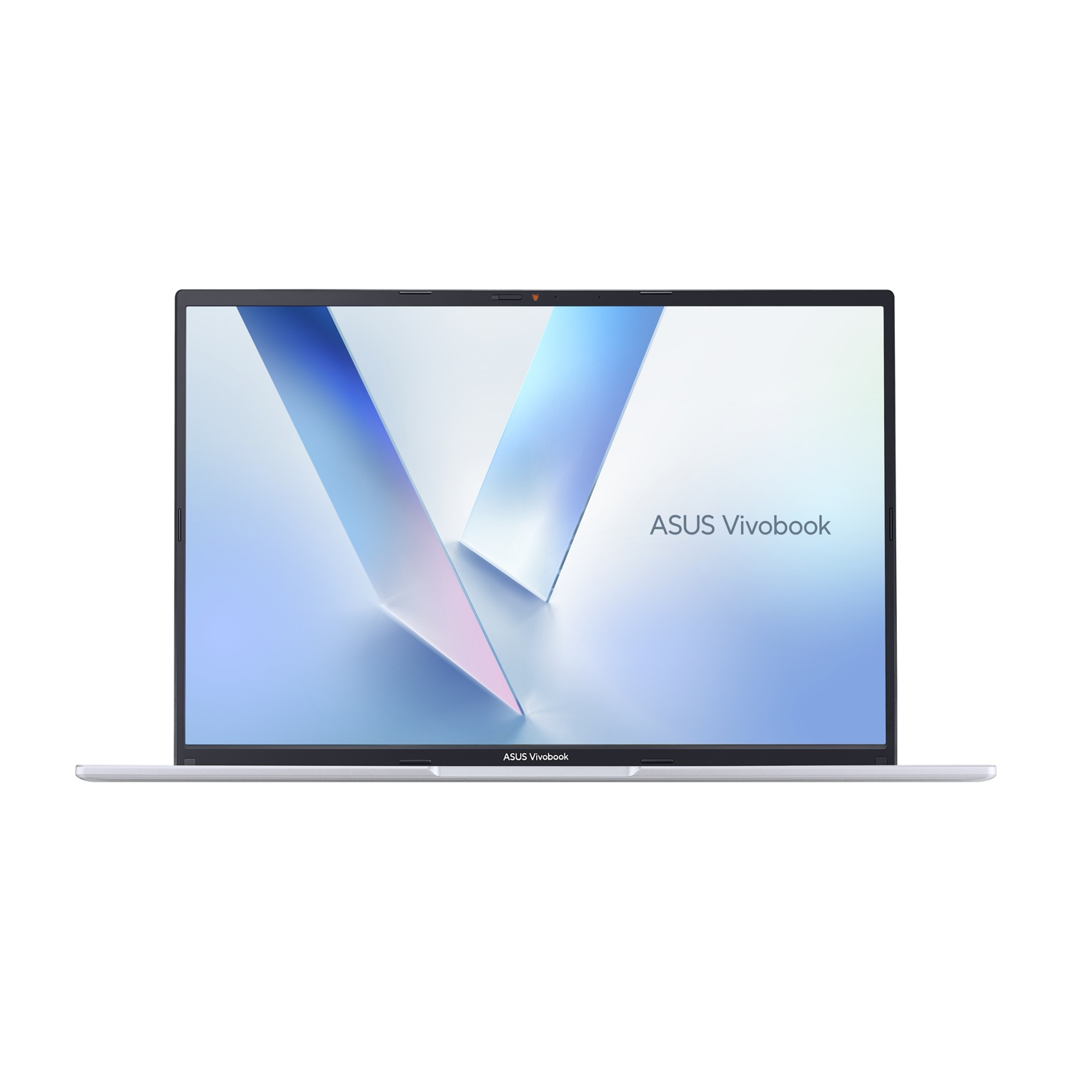 Un laptop ASUS Vivobook argentato con uno sfondo stilizzato sullo schermo.