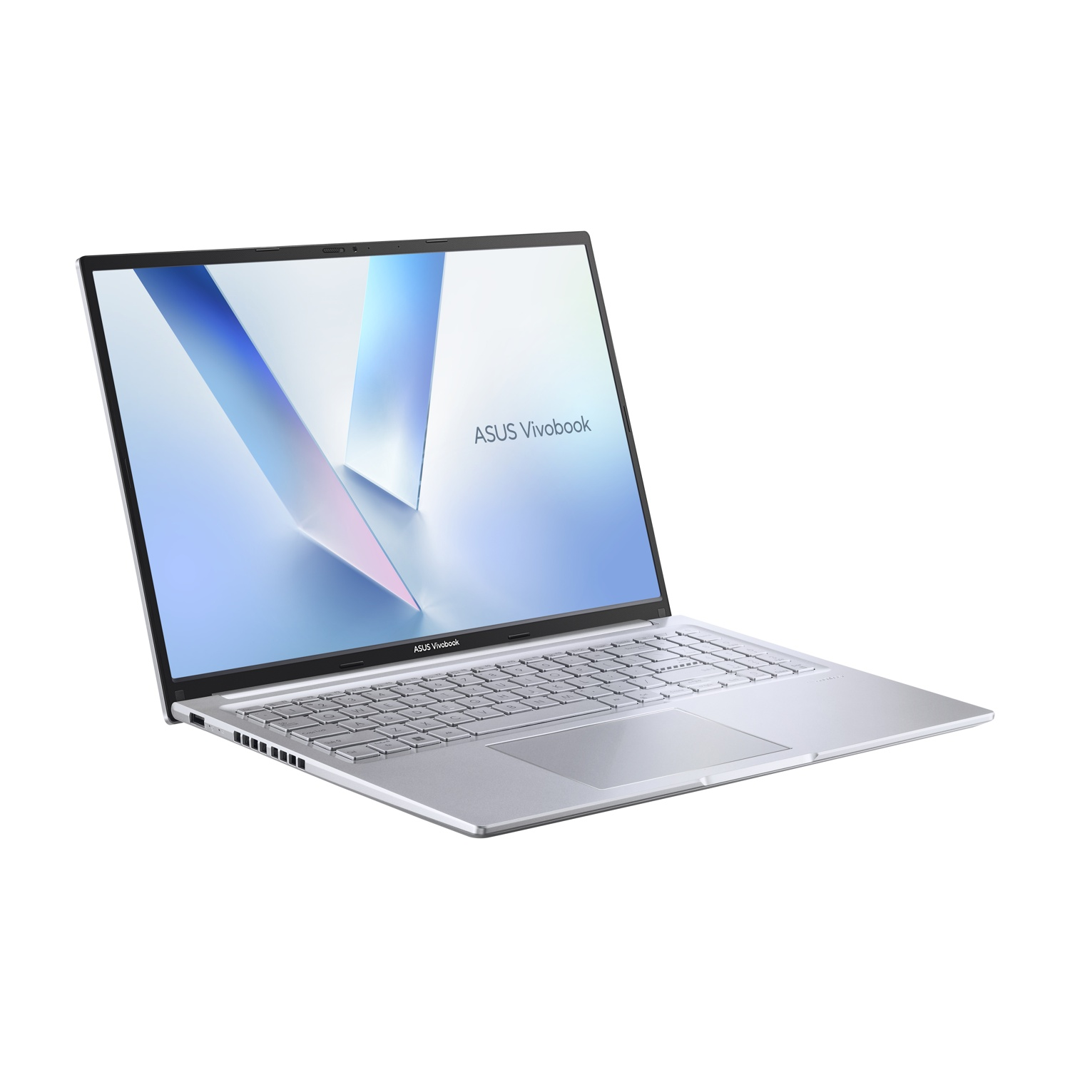 Un laptop Asus Vivobook argentato con schermo aperto, che mostra grafiche astratte.