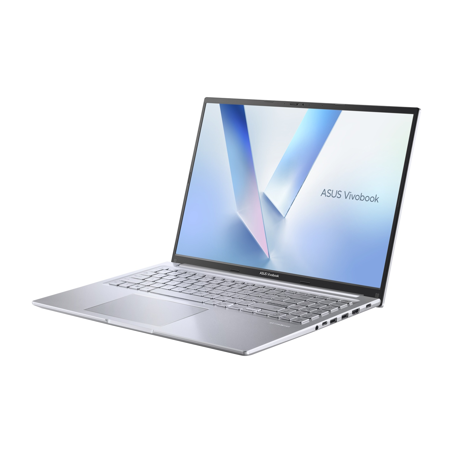 Un laptop ASUS Vivobook argentato con tastiera retroilluminata e ampio touchpad.
