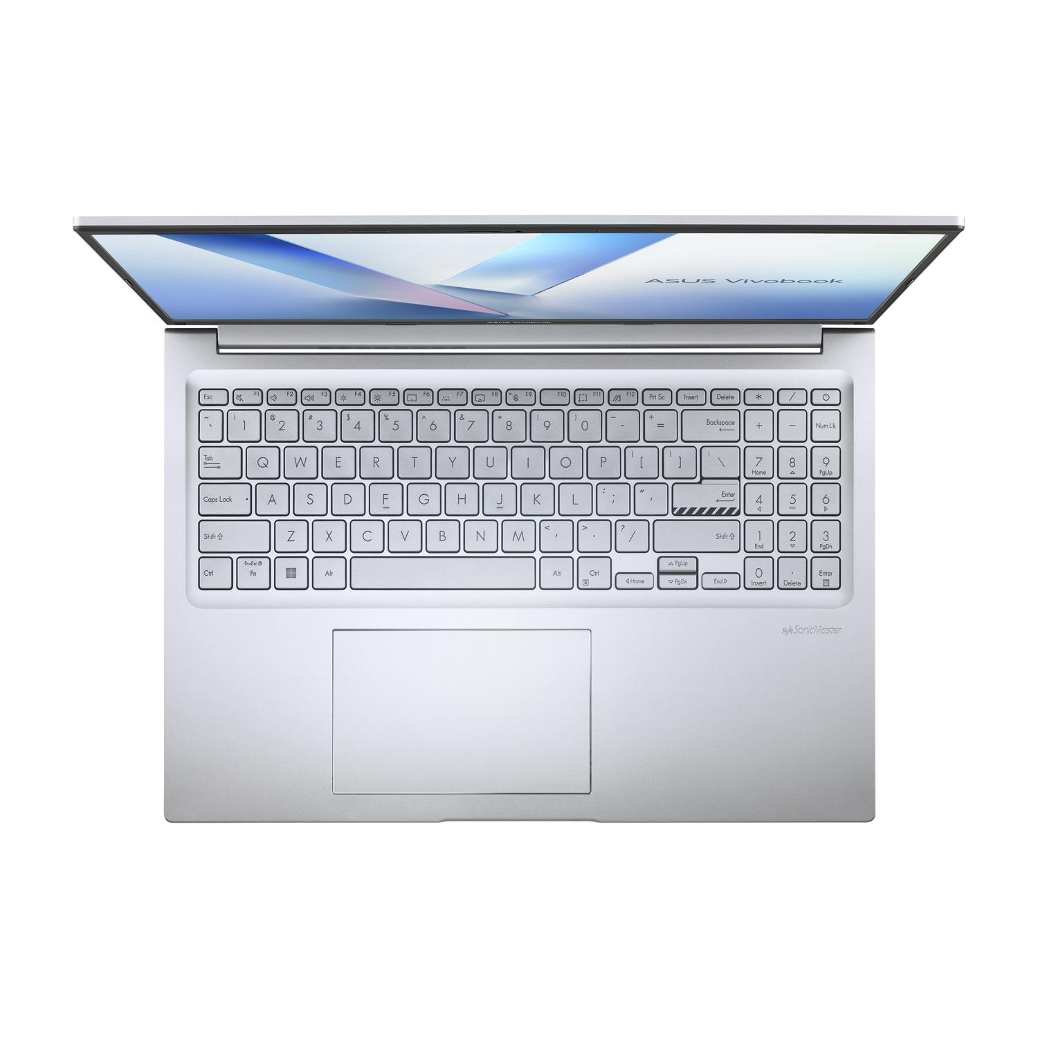 Laptop ASUS Vivobook argento aperto con tastiera illuminata e schermo con arte astratta.