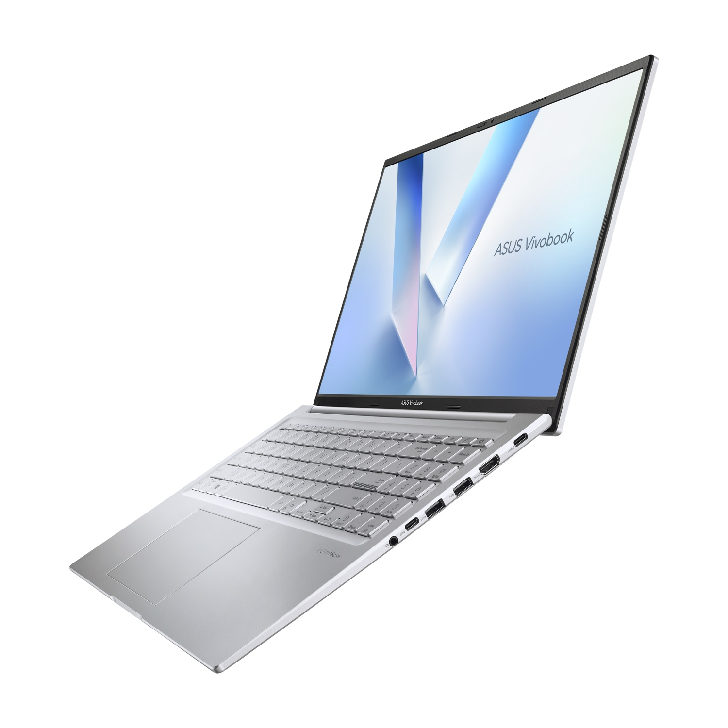 Laptop Asus Vivobook argento con tastiera e porte su sfondo bianco.