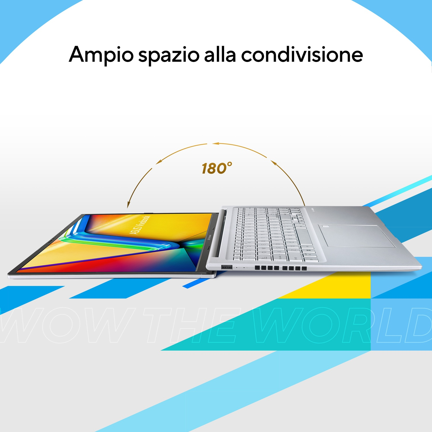 Un laptop con cerniera a 180 gradi, che si apre piatto.