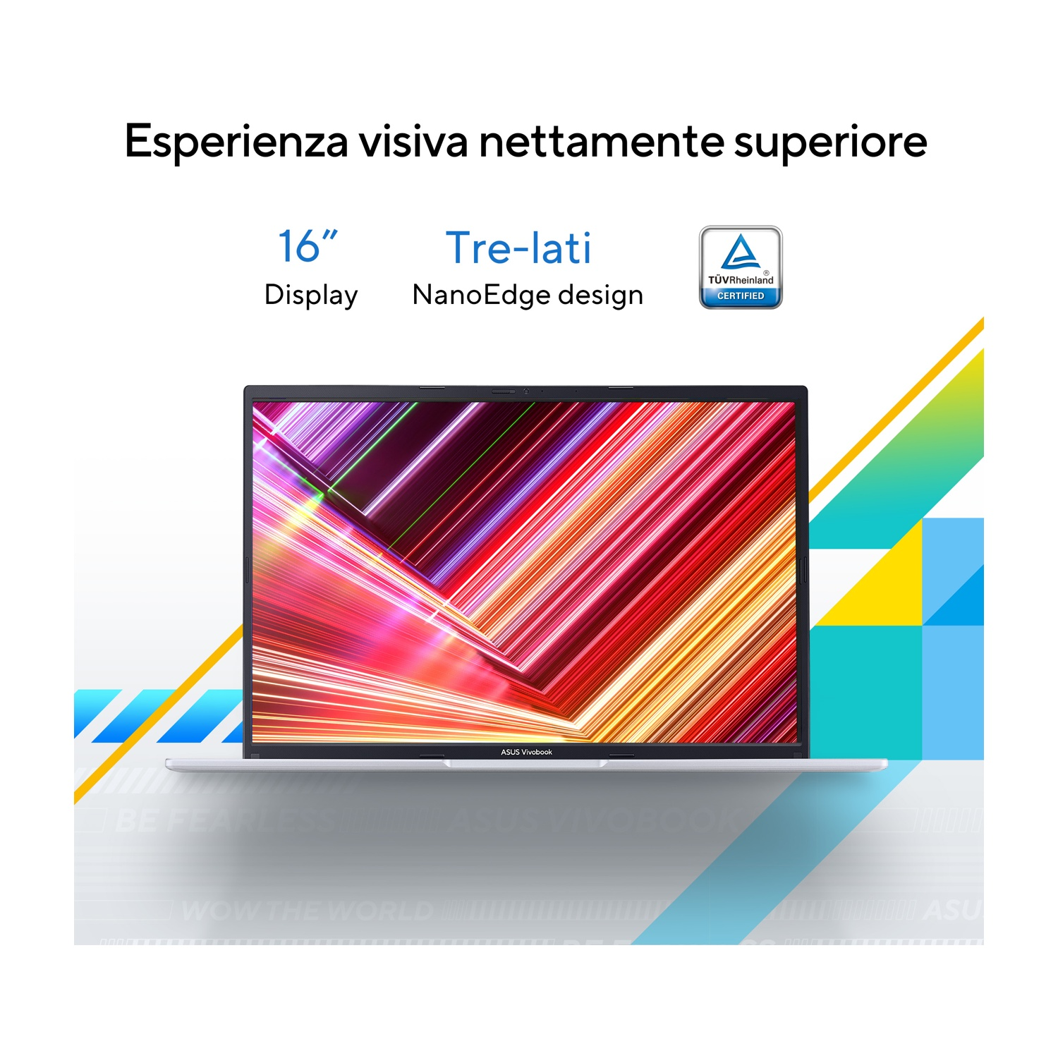 Un laptop ASUS Vivobook con display da 16 pollici, design NanoEdge e certificazione TÜV.