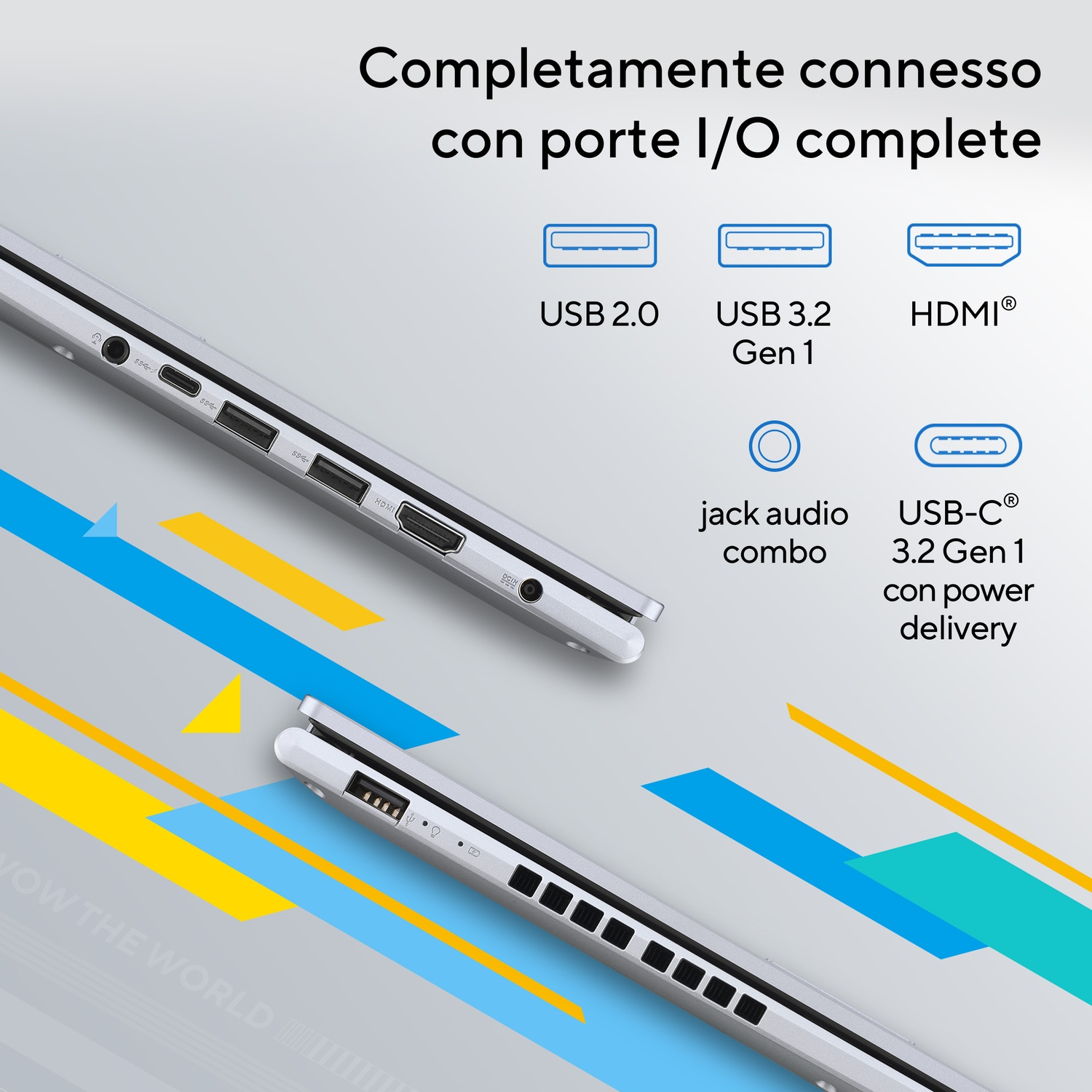 Un laptop che mostra le sue porte I/O: USB 2.0, USB 3.2 Gen 1, HDMI, jack, USB-C.