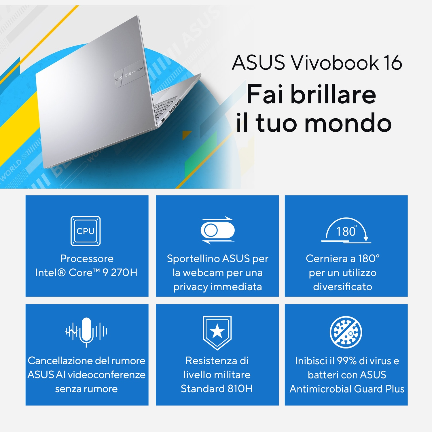 Un laptop ASUS Vivobook 16 argentato con icone per CPU, webcam, cerniera e cancellazione del rumore.