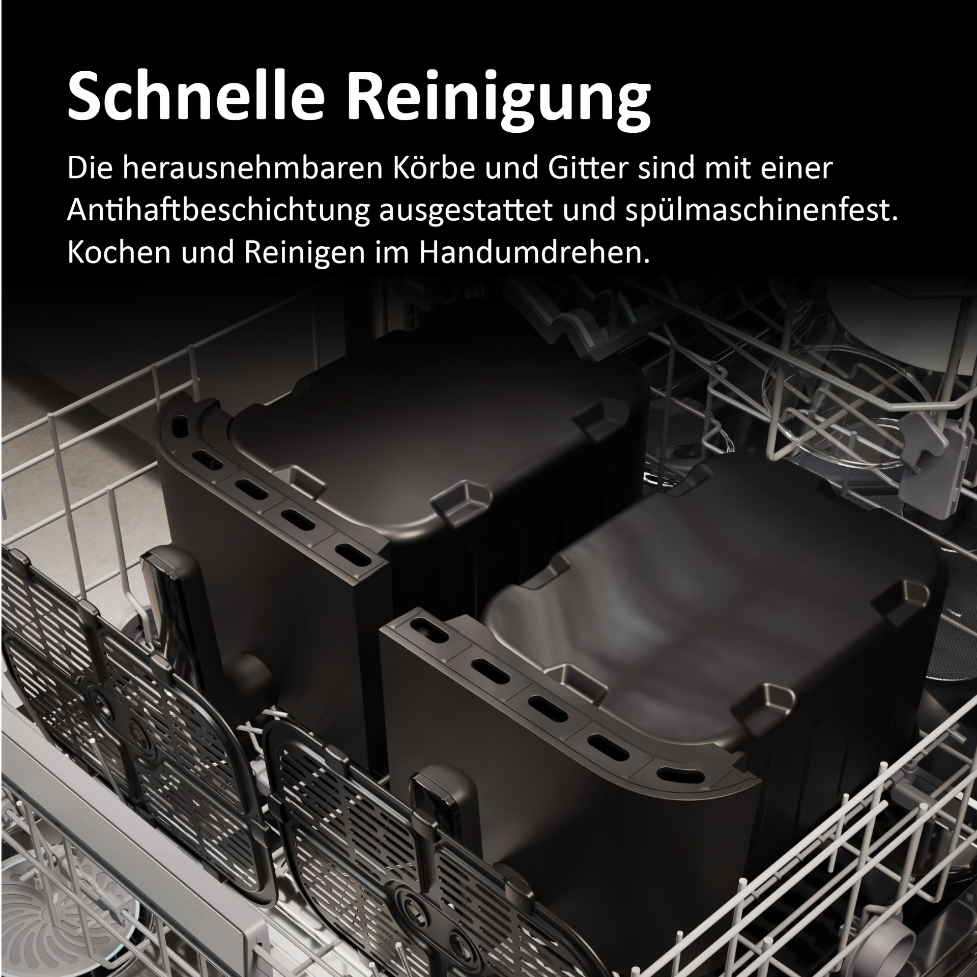Zwei schwarze Airfryer-Körbe und Gitter in einem Geschirrspüler.