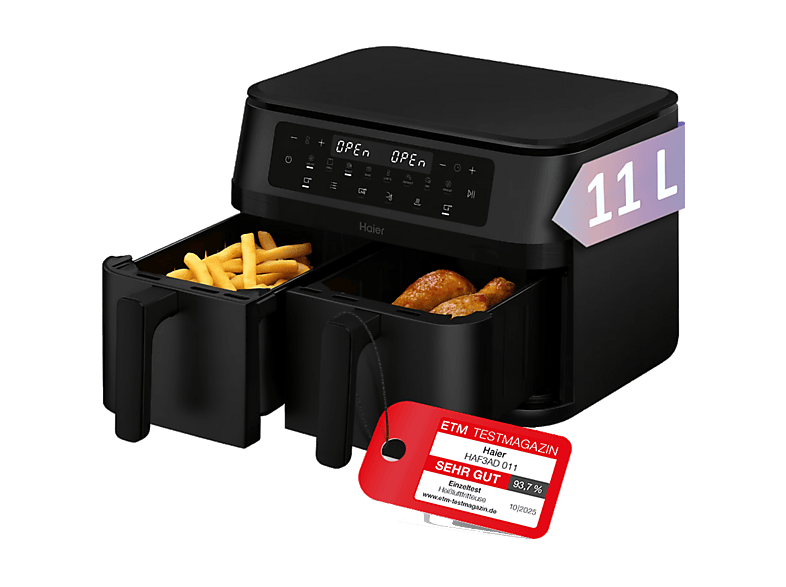 Haier HAF3AD 011 I-Master Series 3 Dual Basket Doppel-Heißluftfritteuse 11 l + 5,5 l, 3000 Watt, Schwarz