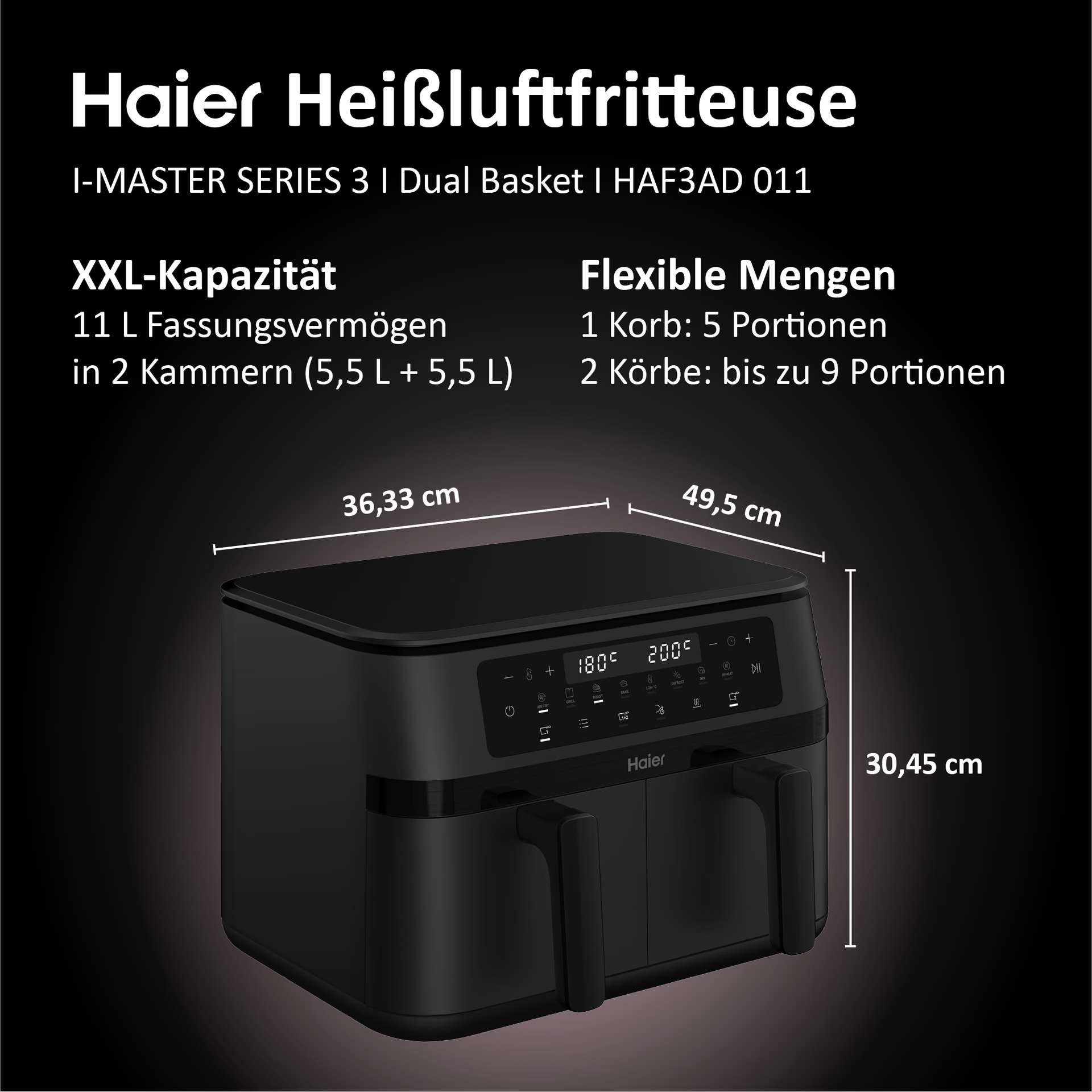 Schwarze Haier Heißluftfritteuse mit zwei Körben und Digitalanzeige. Maße: 36,3x49,5x30,5cm.