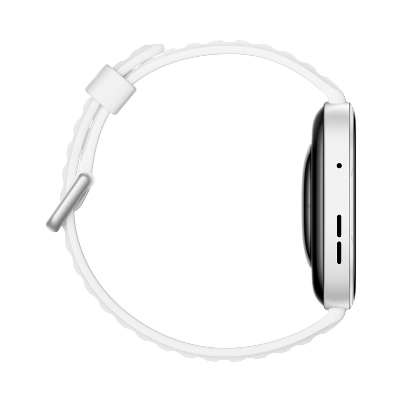 Biały smartwatch ze srebrną klamrą i bocznymi przyciskami.