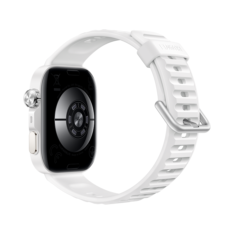 Biały smartwatch ze srebrną koroną i białym paskiem.