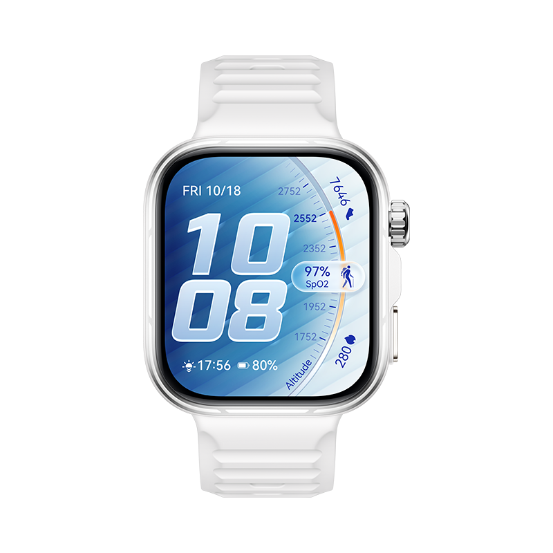 Biały smartwatch z dużym wyświetlaczem pokazuje 10:08, 97% SpO2, 80% baterii.