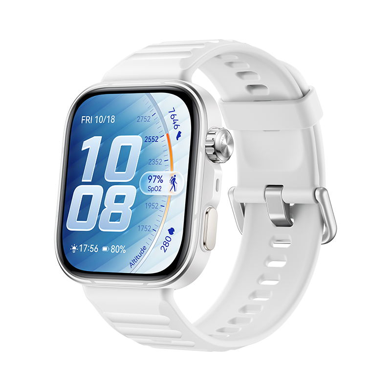 Biały smartwatch z dużym ekranem: godz. 10:08, SpO2 97%, wysokość.