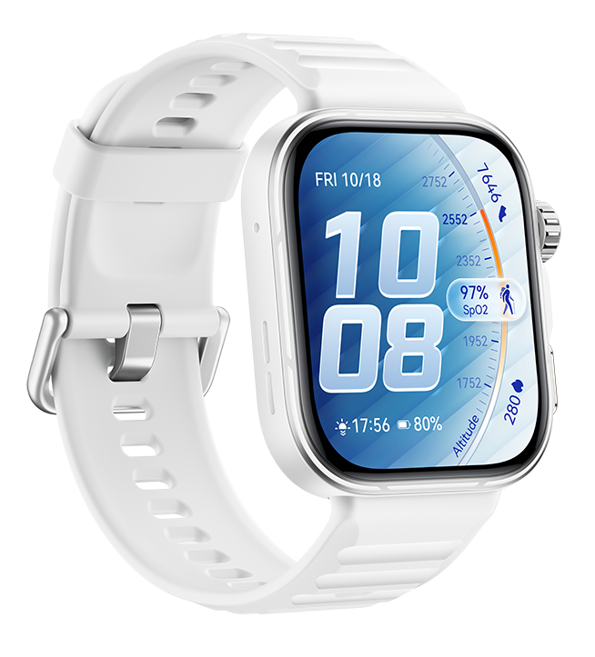 Biały smartwatch z dużym ekranem pokazującym czas, datę i wskaźniki zdrowia.