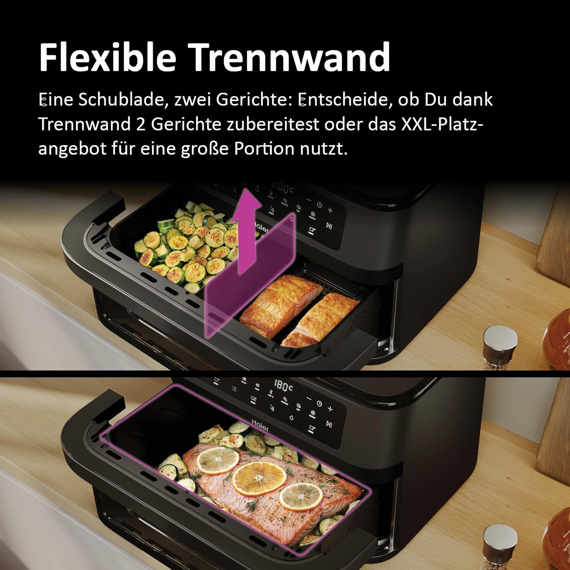 Ein schwarzer Heißluftfritteuse mit zwei Fächern, gefüllt mit Lachs und Zucchini.