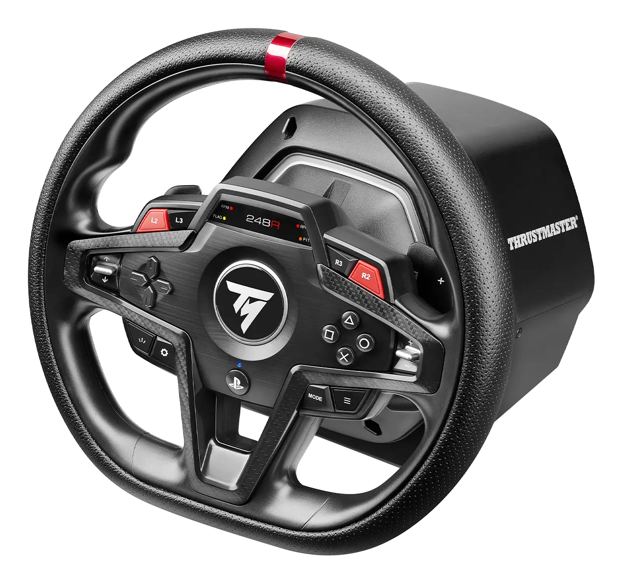 Volante de carreras negro con acentos rojos, botones y pantalla.
