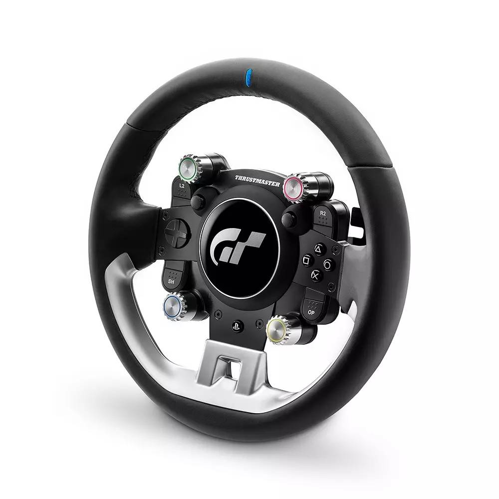 Un volante de carreras negro con detalles plateados y botones.